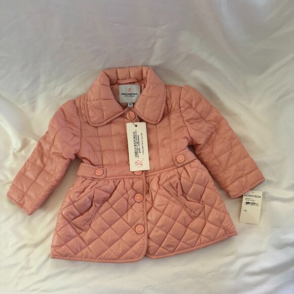 Girls Urban Republic Quilted Puffer Coat with Bow Accents, Rose Smoke